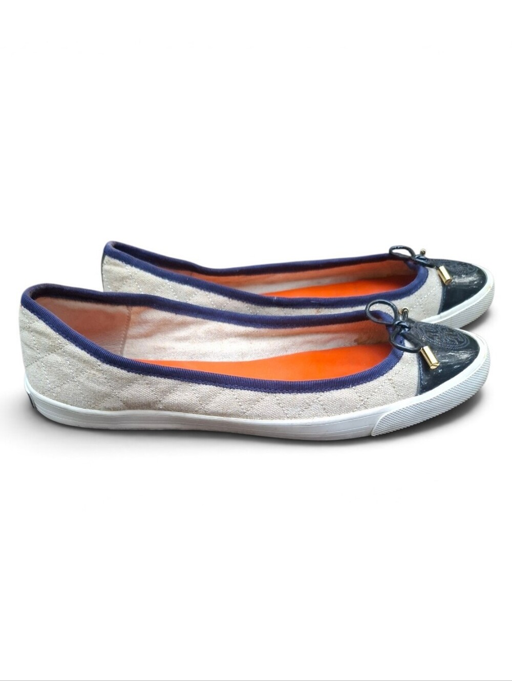 Tory Burch Quilted Canvas Navy Patent Leather Logo Ballet Flats Beige Size 9.5